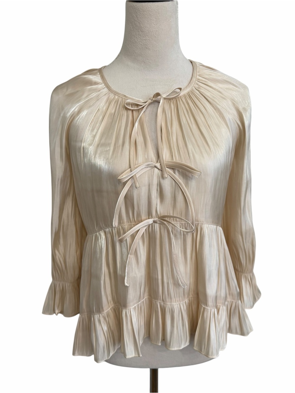 Cinq a Sept Cream Shiny Champagne Ruffled Tie-Front Peasant Blouse - Picture 1 of 7